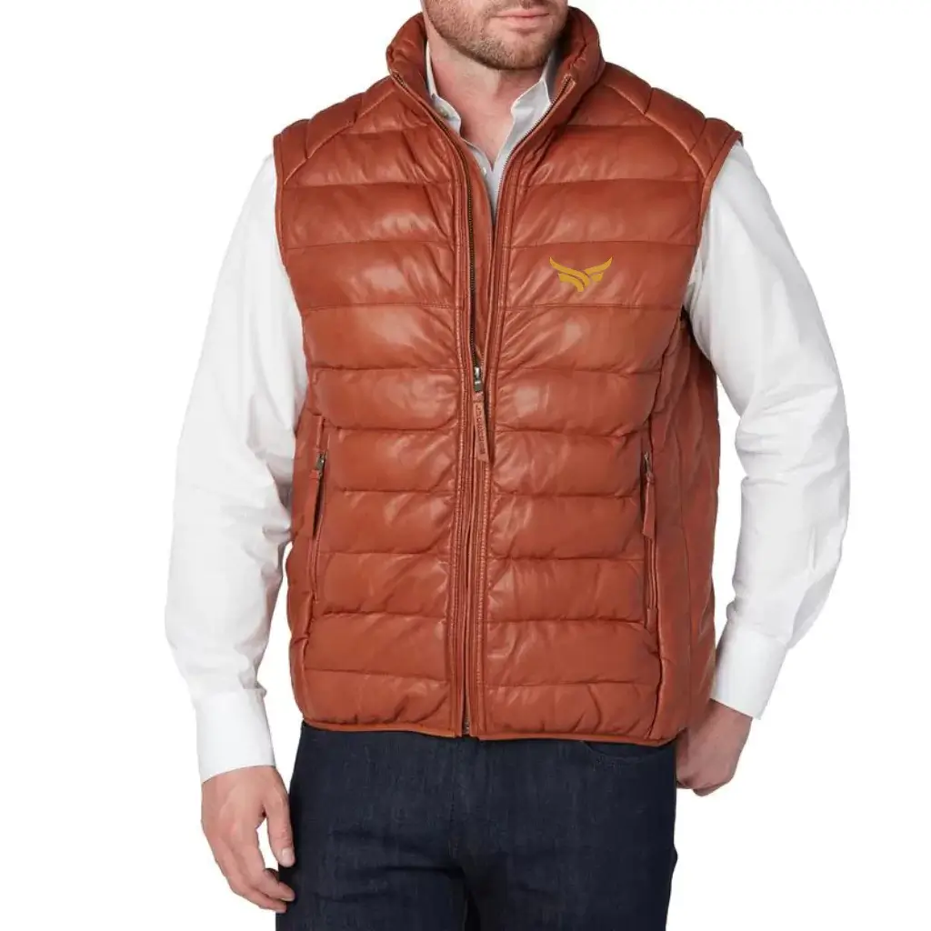 Experience Luxury: Men's Leather Puffer Vest - Free Delivery